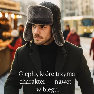 Pilotka męska W522C czarna skóra szare futro zimowa uszatka Polar Fashion - 7