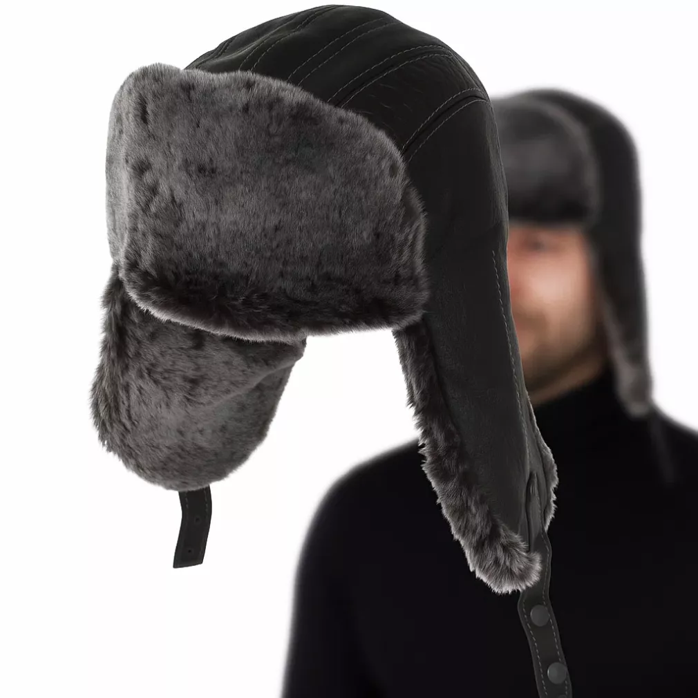 Pilotka męska W522C czarna skóra szare futro zimowa uszatka Polar Fashion