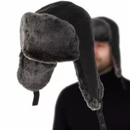 Pilotka męska W522C czarna skóra szare futro zimowa uszatka Polar Fashion