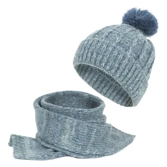 Damski Komplet Zimowy PolarFashion Czapka Niebieska z Pomponem i Szal W475C - 2