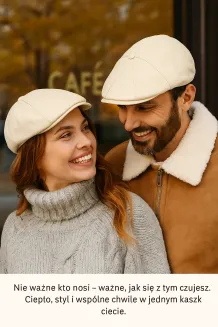 Skórzany kaszkiet unisex K233B – jasno beżowy, ocieplany, stylowy Polar Fashion - 2