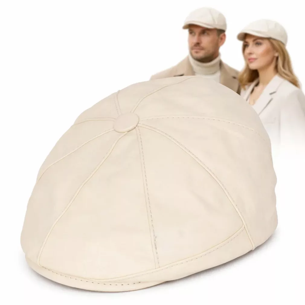 Skórzany kaszkiet unisex K233B – jasno beżowy, ocieplany, stylowy Polar Fashion