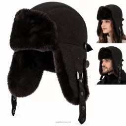 Czapka Zimowa Skórzana Pilotka Uszatka Unisex Ocieplana Futrem Brąz W533J
