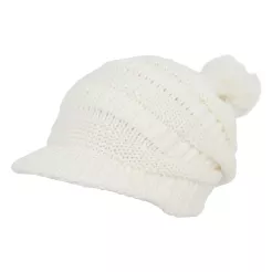W75A White A Warm Winter Hat Knitted With Visor And Pompon Dwarf Smurfette Type