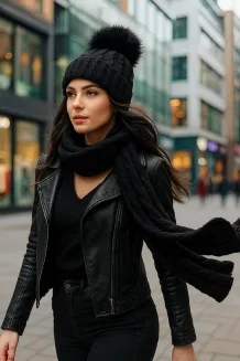 W358Dk Black Haker Women'S Winter Set Knitted Hat With Scarf - 4