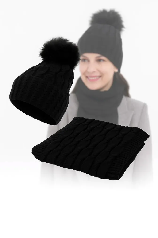 W358Dk Black Haker Women'S Winter Set Knitted Hat With Scarf