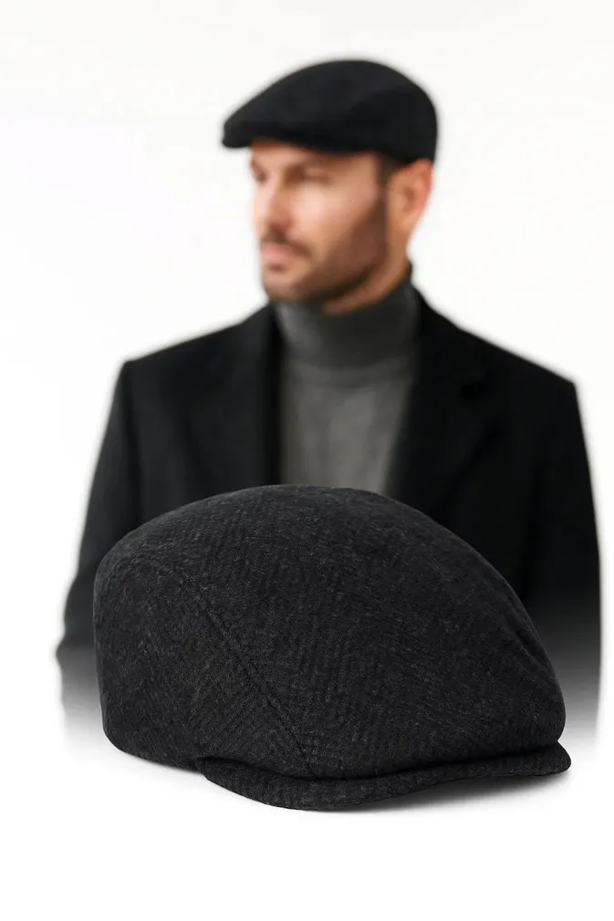 Ocieplany kaszkiet męski czarny w jodełkę K280A Polar Fashion