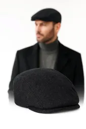 Ocieplany kaszkiet męski czarny w jodełkę K280A Polar Fashion