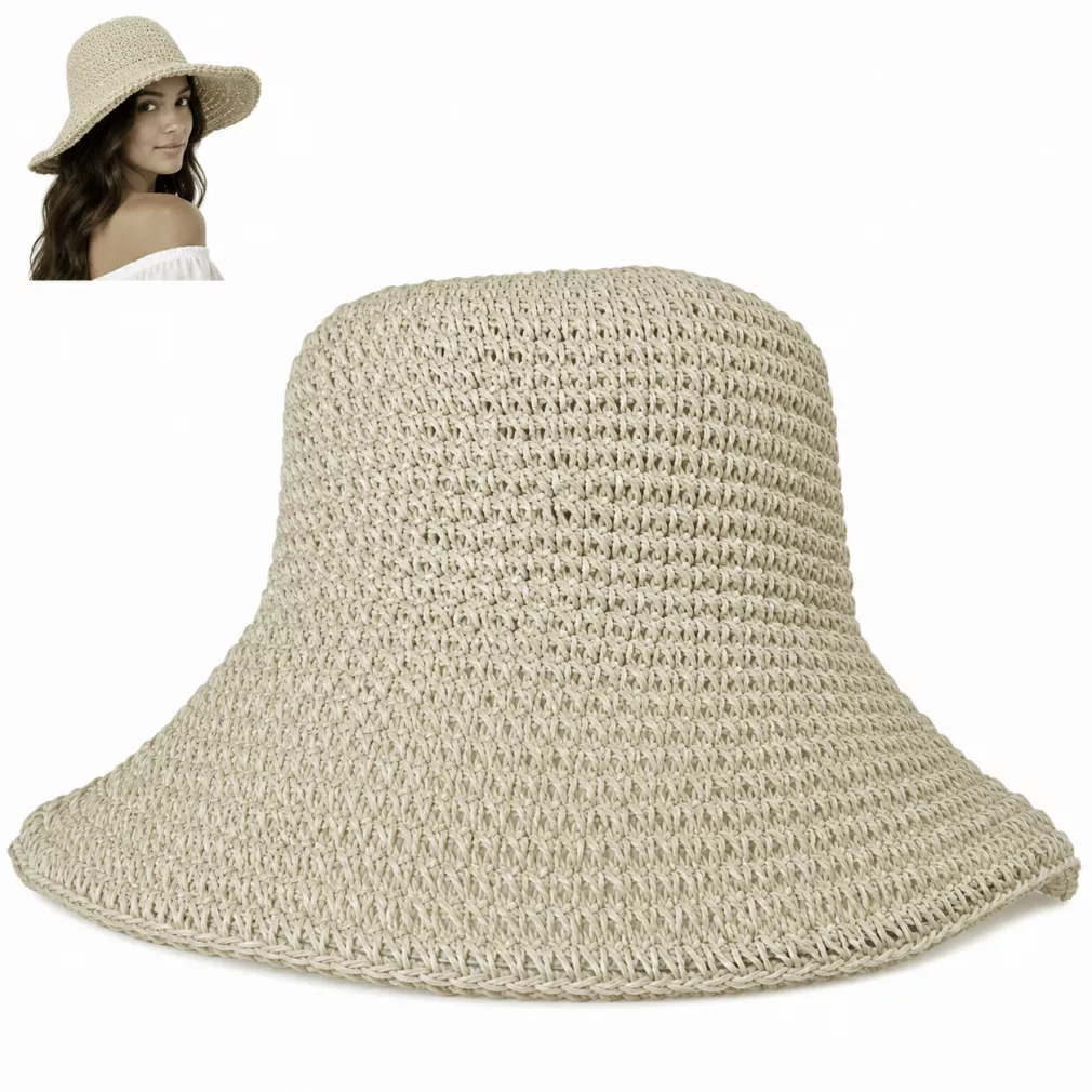 Kapelusz Słomkowy R257A Kloszowy Bucket Hat Szerokie Rondo Beżowy Lato