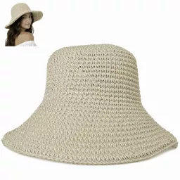 Kapelusz Słomkowy R257A Kloszowy Bucket Hat Szerokie Rondo Beżowy Lato