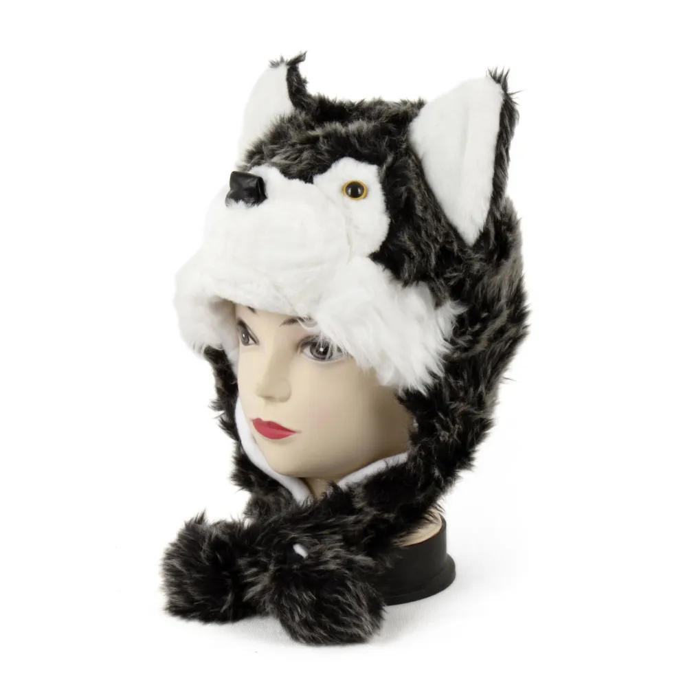 W216B Husky brunatny Ciepła czapka zimowa zwierzak uszatka zapinana pod szyję