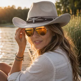 Kapelusz Kowbojski Western R254B + Okulary Zestaw Cowboy Core Beż Unisex - 3