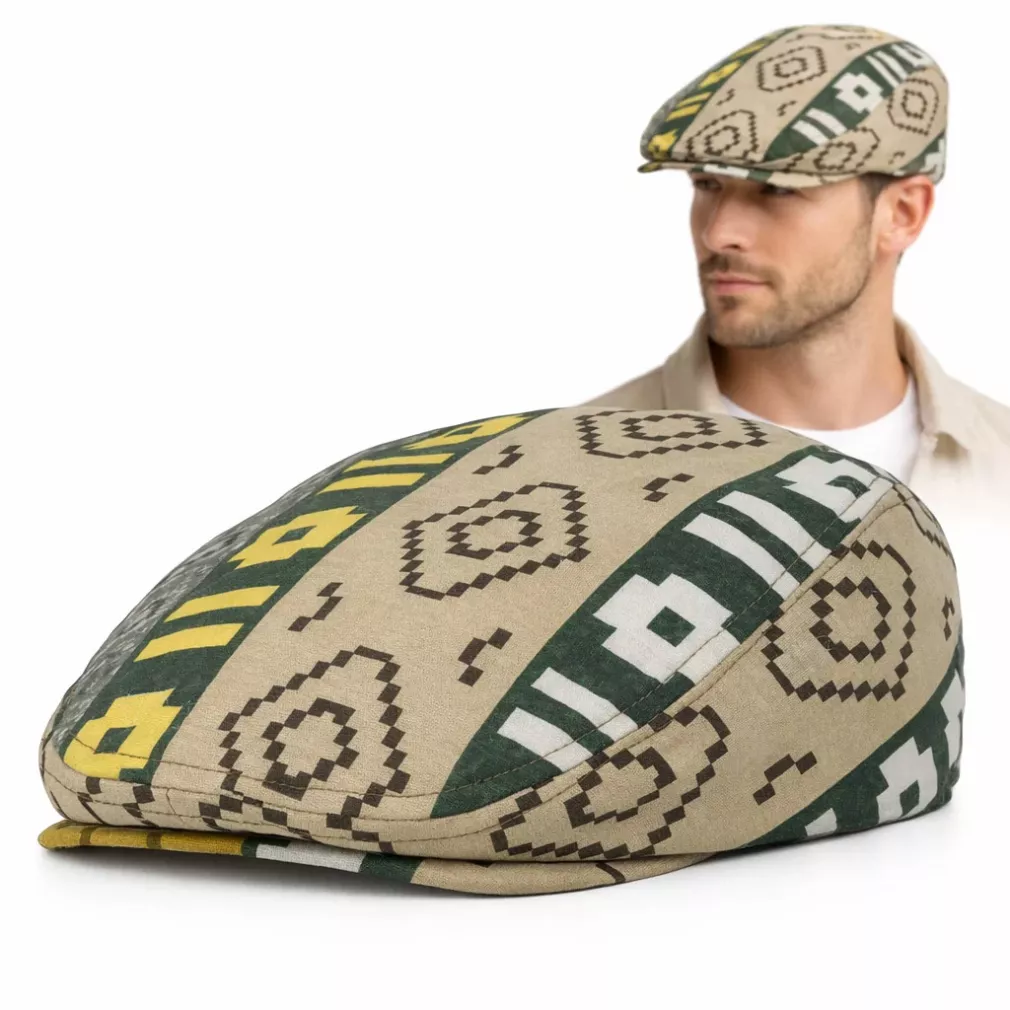 Kaszkiet męski bawełniany flat cap beżowo-zielony wzorzysty 57-59cm K307B Polar Fashion