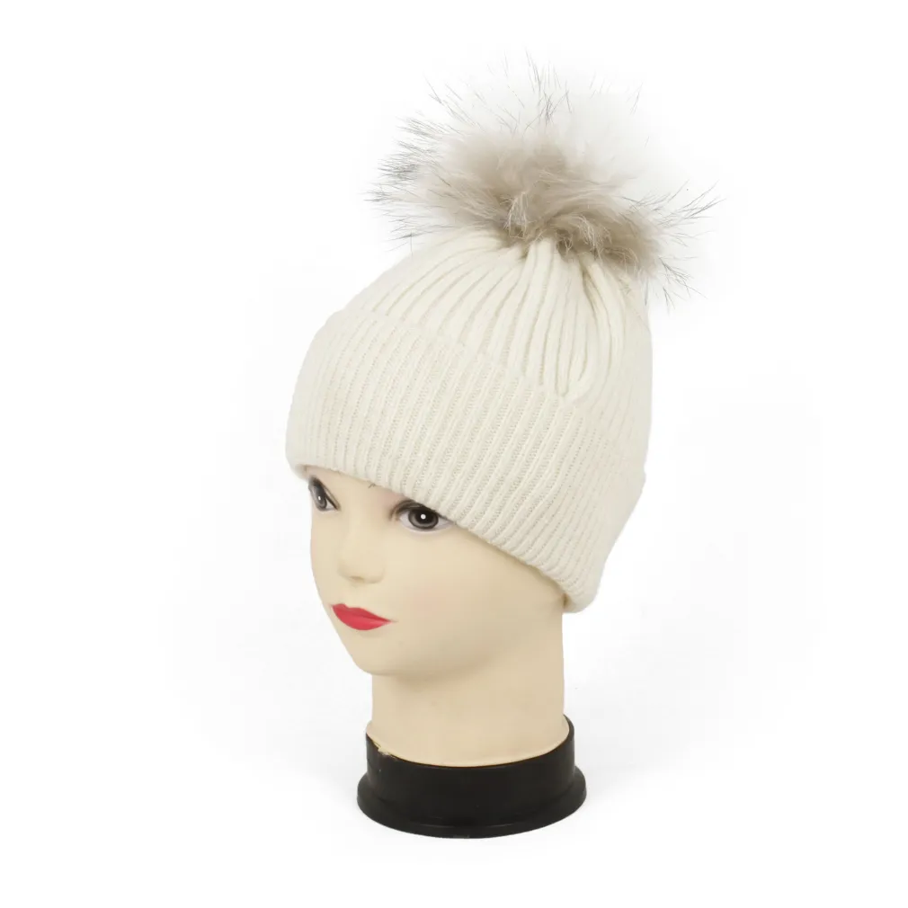 W249A Ecru Warm Knitted Hat With Pompon With Jenot