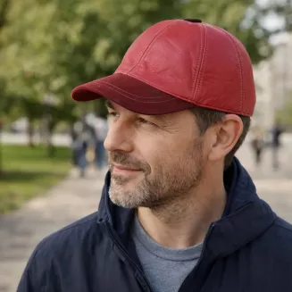 Czapka bejsbolówka K299A skórzana ocieplana czerwono-bordowa z daszkiem Polar Fashion - 8