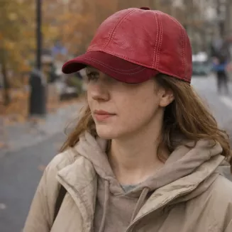 Czapka bejsbolówka K299A skórzana ocieplana czerwono-bordowa z daszkiem Polar Fashion - 7