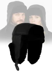 Uszatka Czarna Skórzana Pilotka z Ociepleniem Unisex W484C Polar Fashion