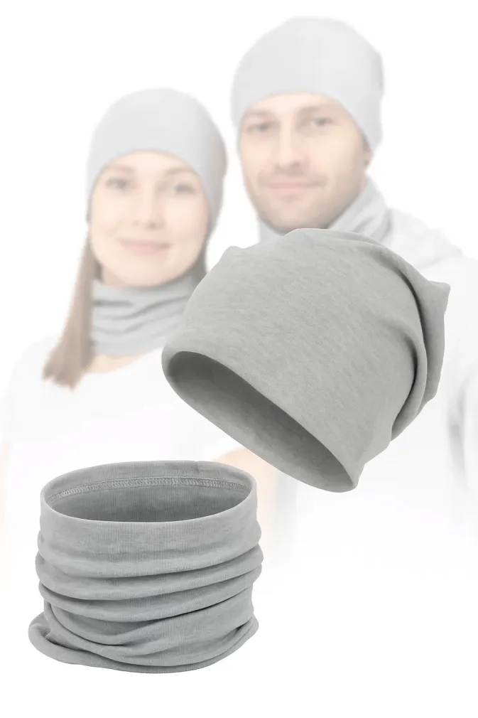 Dresowy komplet przejściowy szary W397C – czapka i komin unisex dla kobiet i mężczyzn, dwuwarstwowy zestaw casual i sport, idealny na jesień, wiosnę i łagodną zimę, .