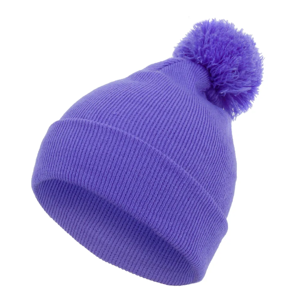 W319B Purple Winter Hat Beanie Dwarf Smooth With Neon Pompon Haker