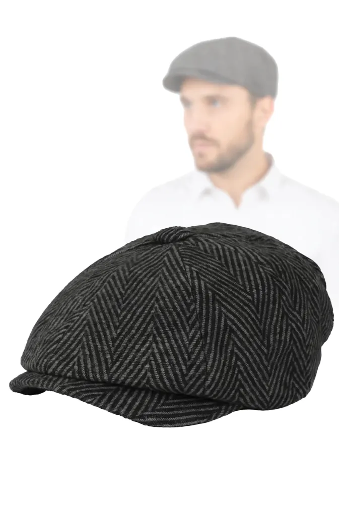 Męski Ocieplany Kaszkiet Grafitowy w Jodełkę K273C Shelby Polar Fashion