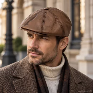 Brązowy Kaszkiet Męski Skórzany Zimowy z Nausznikami Peaky Blinders  K324A - 2