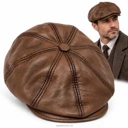 Brązowy Kaszkiet Męski Skórzany Zimowy z Nausznikami Peaky Blinders  K324A