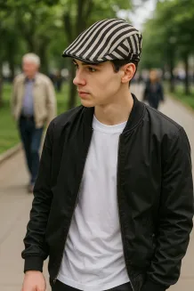 Beżowo-czarny kaszkiet męski bawełniany-letnia czapka z regulacją-K192C - 4