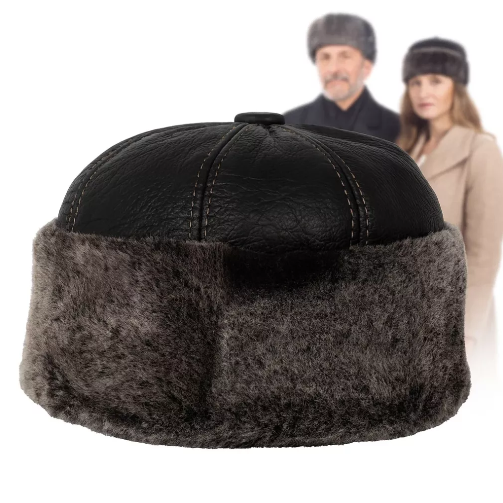 Toczek Skórzany czapka zimowa unisex W518F ciemnobrązowa z futrem Polar Fashion