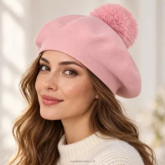 Beret Damski Różowy z Dużym Pomponem Sztuczne Futro Elegancki na Zimę W537B - 2