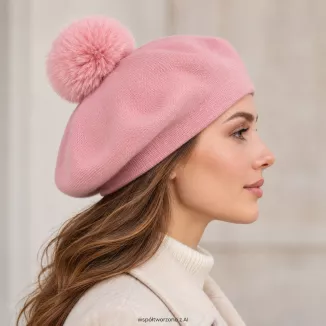 Beret Damski Różowy z Dużym Pomponem Sztuczne Futro Elegancki na Zimę W537B - 3