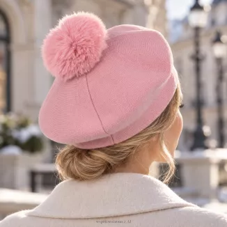 Beret Damski Różowy z Dużym Pomponem Sztuczne Futro Elegancki na Zimę W537B - 4
