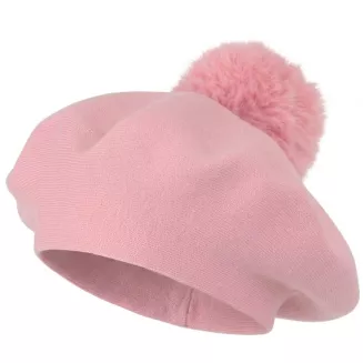 Beret Damski Różowy z Dużym Pomponem Sztuczne Futro Elegancki na Zimę W537B - 5