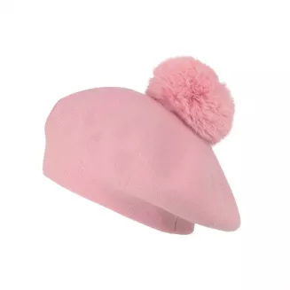 Beret Damski Różowy z Dużym Pomponem Sztuczne Futro Elegancki na Zimę W537B - 9