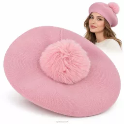 Beret Damski Różowy z Dużym Pomponem Sztuczne Futro Elegancki na Zimę W537B