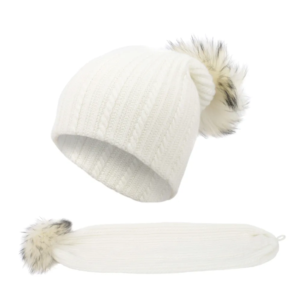 W374A Biała Uniwersalna czapka zimowa z kaszmiru pompon z jenota szal 2w1 Polar Fashion