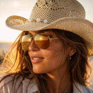 Kapelusz Kowbojski Damski BOHO Beżowy + Okulary Aviator Lato Western R251B - 2