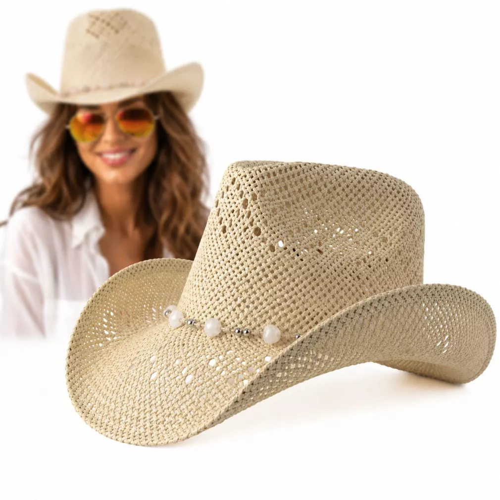 Kapelusz Kowbojski Damski BOHO Beżowy + Okulary Aviator Lato Western R251B