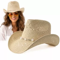 Kapelusz Kowbojski Damski BOHO Beżowy + Okulary Aviator Lato Western R251B