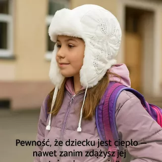 Biała uszatka dziewczęca W146A zimowa futrzana ocieplana cekiny haft regulacja - 4