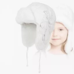 Biała uszatka dziewczęca W146A zimowa futrzana ocieplana cekiny haft regulacja