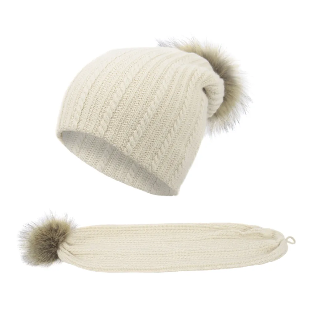 W374B Ecru Universal Winter Hat With Cashmere Pompon With Fox Fur 2-In-1 Polar Fashion