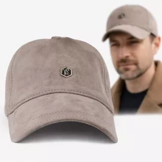 Beżowa skórzana bejsbolówka nubukowa unisex ocieplona K296F Polar Fashion - 10