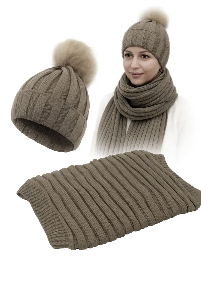 W359Bk Khaki Haker Women'S Winter Set Knitted Hat With Scarf