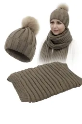 Elegancki Damski Komplet Zimowy Khaki W359BK  Czapka i Szal Polar Fashion