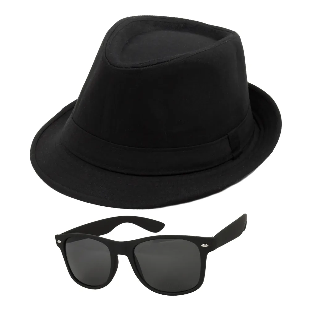 Czarny Zestaw Blues Brothers Kapelusz Trilby i Okulary Nerd Polar Fashion