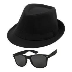 Czarny Zestaw Blues Brothers Kapelusz Trilby i Okulary Nerd Polar Fashion
