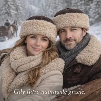 Ciemnobrązowy toczek skórzany z beżowym futrem zimowy W518M Polar Fashion - 4