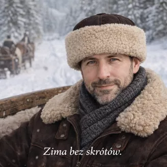 Ciemnobrązowy toczek skórzany z beżowym futrem zimowy W518M Polar Fashion - 5