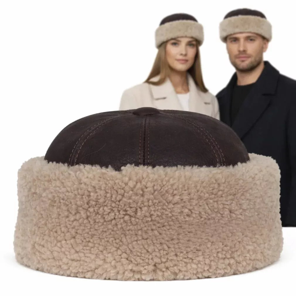 Ciemnobrązowy toczek skórzany z beżowym futrem zimowy W518M Polar Fashion