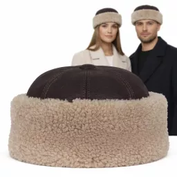 Ciemnobrązowy toczek skórzany z beżowym futrem zimowy W518M Polar Fashion